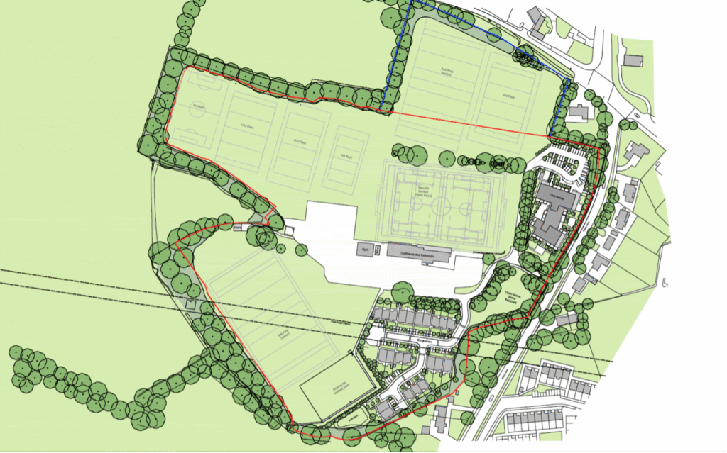 The proposed Priory Park masterplan, showing improved sporting facilities alongside an 80-bedroom care home and 22 bungalows